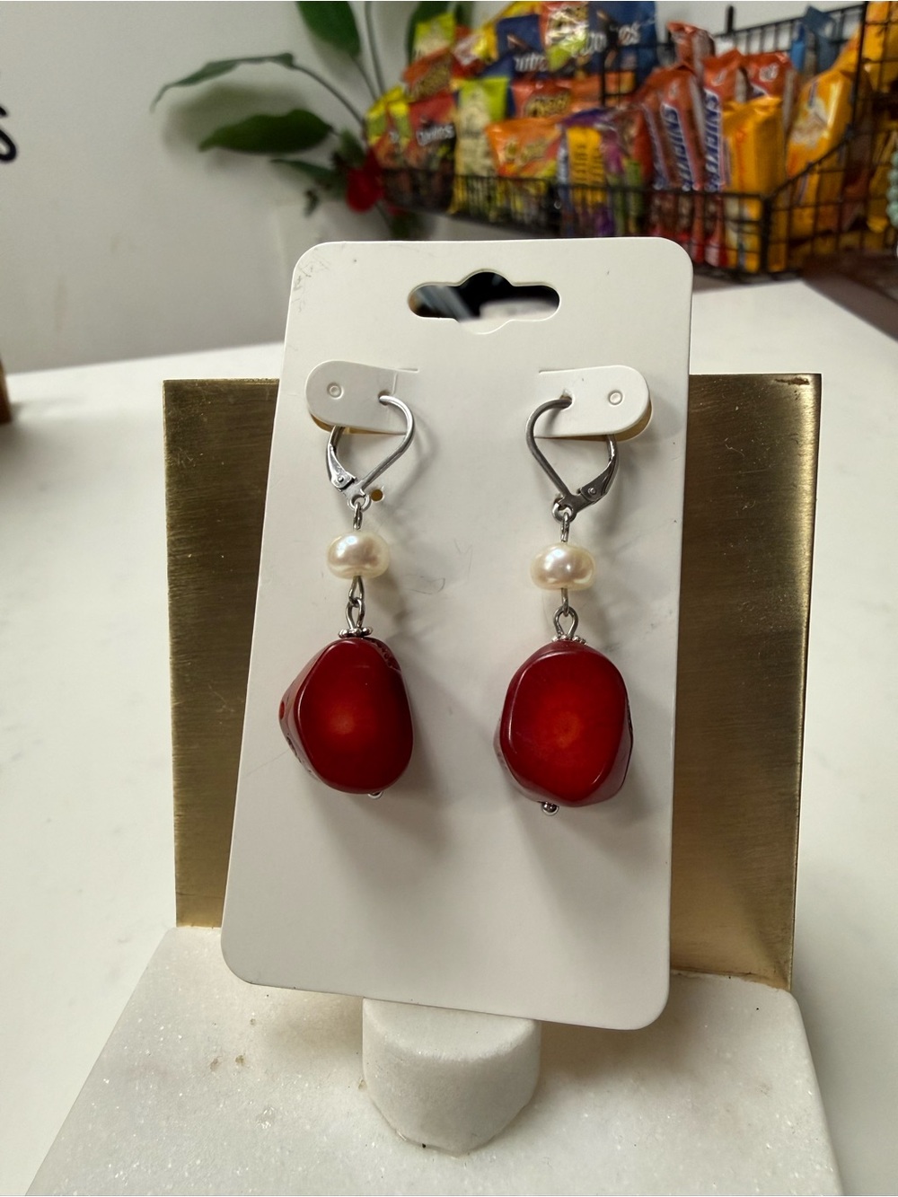 Red Coral with Fresh Water Pearl Drop Earrings - Unbranded